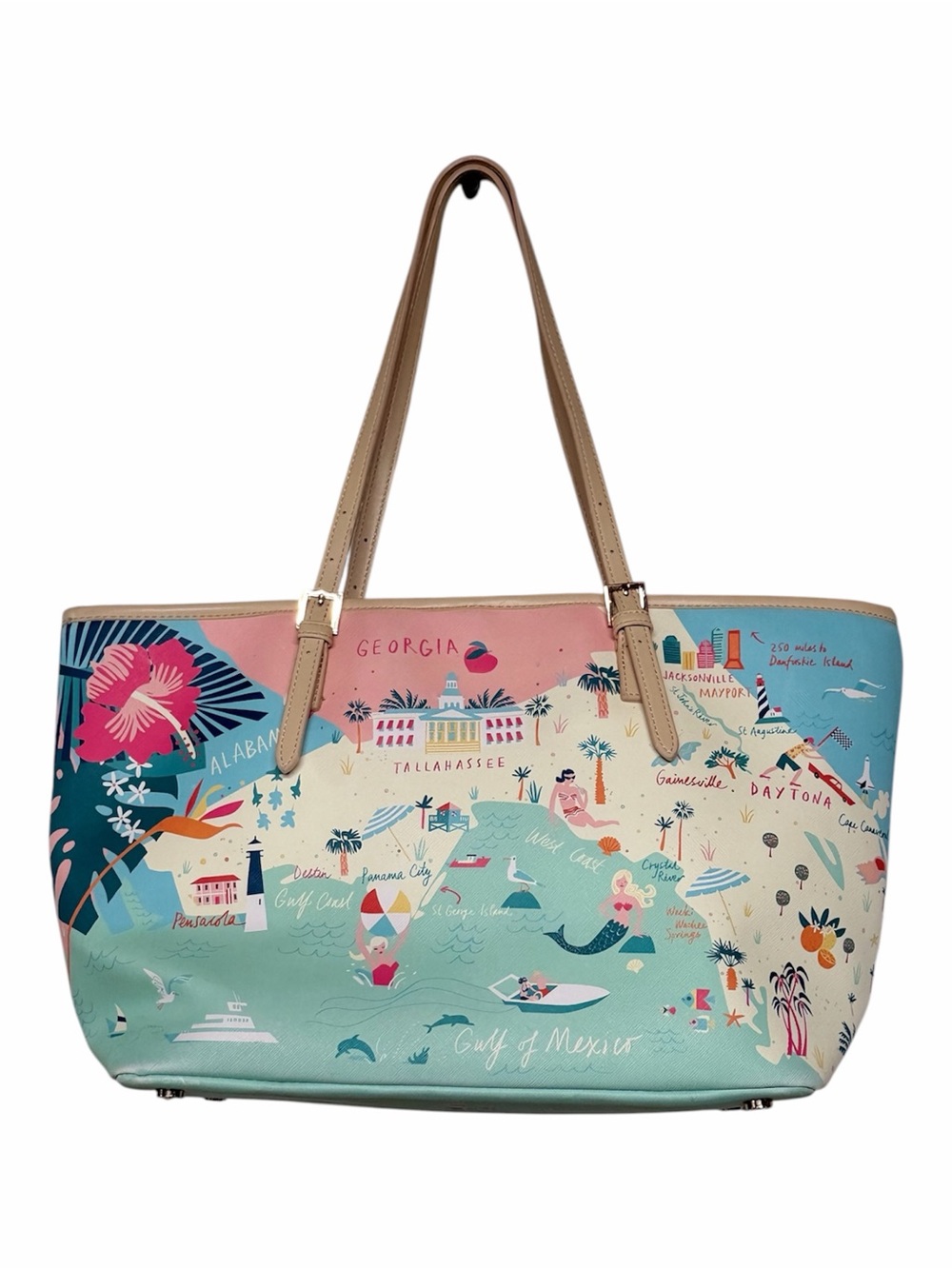 Spartina 449 Aqua Florida Map Tote with Tan Straps- Excellent condition - Picture 3 of 15
